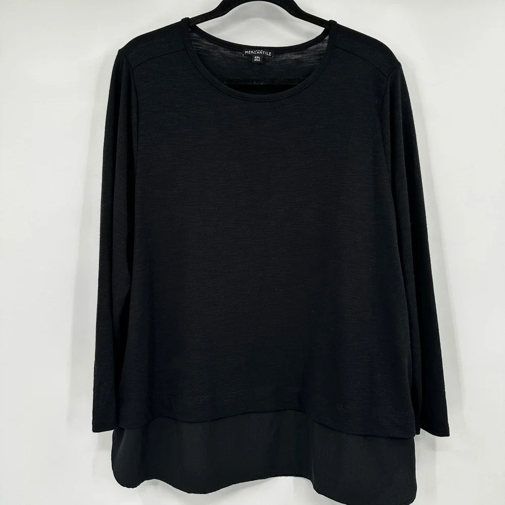 J Crew Mercantile Womens XXL Black Mixed Media Layered Hem Long Sleeve Top Layer
